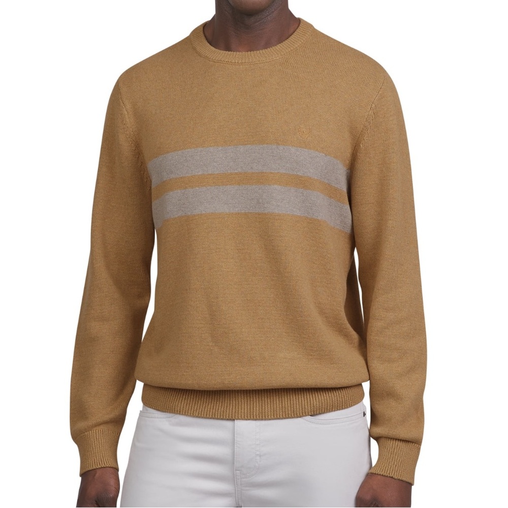 Chaps Men's Crew-Neck Stripe Knit Pullover Sweater Camel 100% Cotton Size M